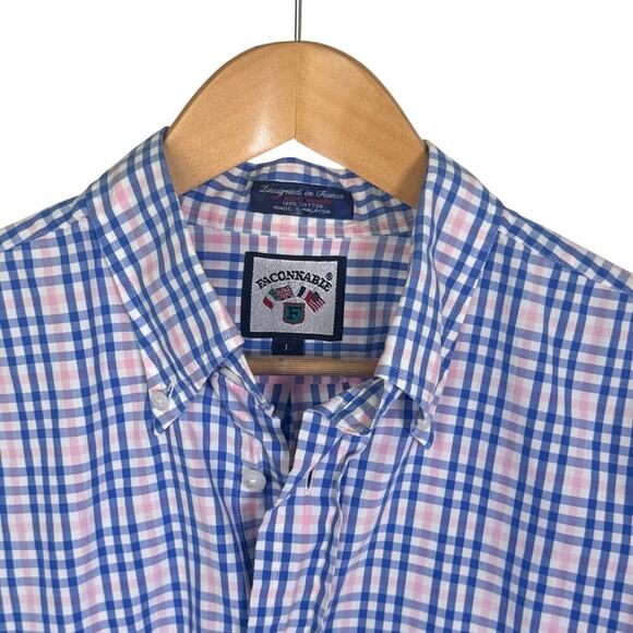 FACONNABLE Preppy Blue Pink Plaid Cotton Short Sleeve Button-Up Shirt Men’s L - Picture 2 of 8